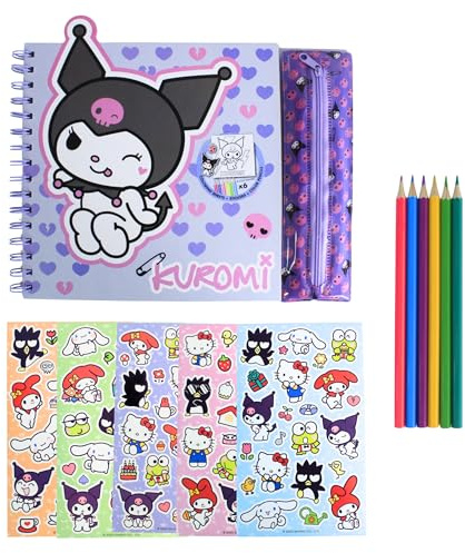 Hello Kitty Kuromi Schreibwarenset, Inklusive Malbuch, Stickern, Federmäppchen und Buntstiften, Geschenk für Mädchen