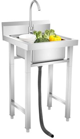 Évier de cuisine autoportant, en acier inoxydable, 1 bac, mobile, avec robinet et panier filtrant, multifonction, pour cuisine, buanderie, garage
