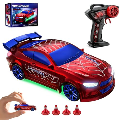 Mini Drift Car 1/64, Ferngesteuertes Mini Auto für Erwachsene Kinder | 2,4 GHz Mini RC Car mit LED & 2 Tempi, 4 Hindernisse & Rennmatte, Hobby Geschenk für Jungen, Rot