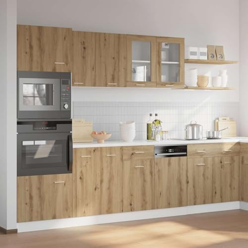 ATOMSTACK MAKER Küchenschrank-Set 7-teilig Lyon in Artisan-Eiche – Holzwerkstoff & Glas, 207 cm hoch, mit verstellbaren Füßen, für Spüle, Mikrowelle & Geschirrspüler – inkl. Hänge- & Unterschränke