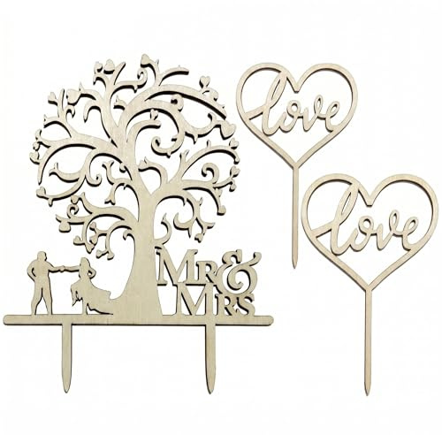 DiiWmme 3er Set Holz Cake Topper Hochzeit – Mr und Mrs(Lebensbaum) | Tortendeko Hochzeit für Just Married – natürliche Hochzeitstorte Deko aus Holz – ideal für Verlobung und Hochzeitsfeier
