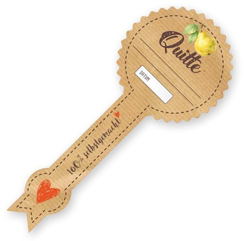 itenga 50x Marmeladenetiketten – Siegel Form 5x12cm - Sticker „100% selbstgemacht“ – selbstklebend & vorgestanzt – beschreibbar – für Einmachgläser, Marmelade, Geschenke, DIY (Quitte)