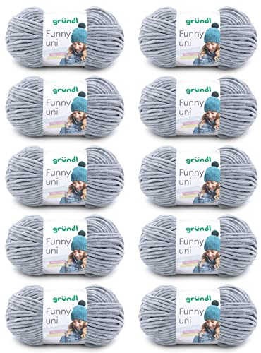 Gründl Wolle Funny uni - weiche Chenille Wolle zum Häkeln - Chenillegarn aus 100 % Polyester, 10 Knäuel (100 g/ 120 m, Nadelstärke: 5-6) - Hellgrau