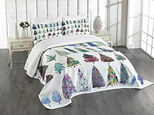 ABAKUHAUS Weihnachten Tagesdecke Set, Aquarell Tannenbaum, Set mit Kissenbezug Mit Digitaldruck, für Einzelbetten 170 x 220 cm, Grün Weiß