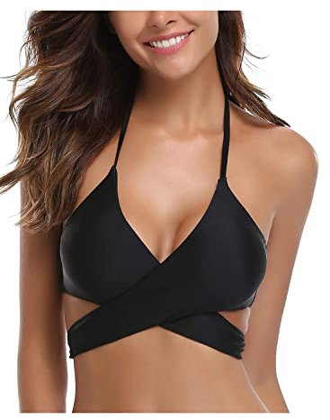 SHEKINI Damen Bademode Rückenfrei Verstellbar Crossover Ties-up Bikinioberteil Push up Triangel Strandkleidung (Small, Bikini Top-Schwarz)