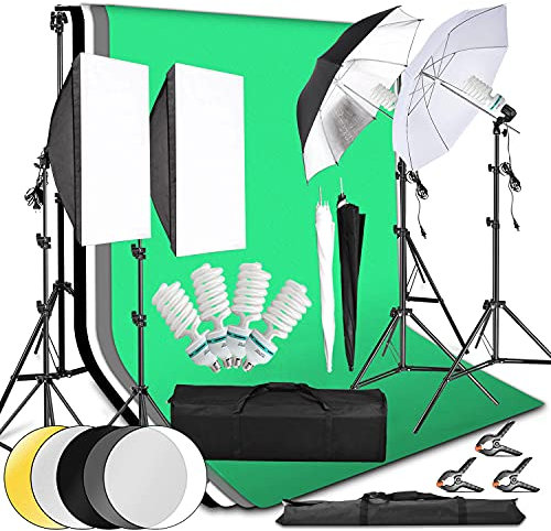 YISITONG Kit Studio Photo et éclairage, ave 2m x 3m Système de Support de Toile de Fond,4X 135W 5500K Ampoules Parapluie Softbox éclairage Continu pour Portrait et Photographie Vidéo