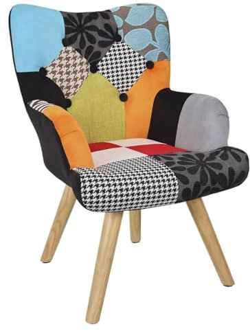 HOME DECO KIDS, HD6900, Fauteuil Helsinki Enfant Style Scandinave, Tissu Patchwork, Pieds en Hêtre, Dossier Plein et Incurvé, Confortable et Élégant, Multicolore 59x70x72 cm