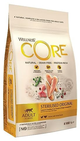 Wellness CORE Sterilised Original, Pute & Huhn, 4 kg, Katzenfutter trocken für sterilisierte Katzen, ohne Zuckerzusatz, getreidefrei, mit hohem Fleischanteil, beugt Haarballen vor