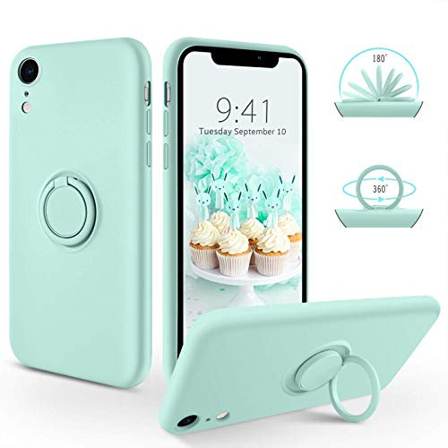 SouliGo iPhone XR Hülle, iPhone XR Handyhülle Silikon Gel Slim Case Cover mit 360 Grad Ring Halter Ständer stabil Kratzfest Hülle für iPhone XR (6.1 Zoll) Hellgrün