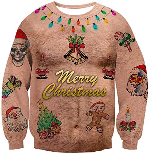 Rave on Friday Herren Weihnachtspullover Hässliche Pullover Brustbehaarunge Druck Sweatshirt Ugly Christmas Sweater Langarm Rundhals Weihnachtspulli M