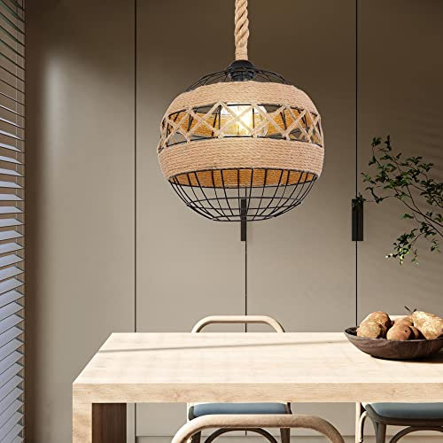 etc-shop Pendelleuchte Retro Hängeleuchte Hanfseil Boho Esstischleuchte, Drahtgeflecht schwarz, 1x E27, DxH 30 x 120 cm