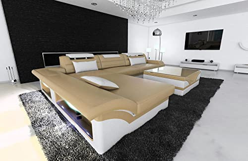 Ecksofa Monza L Form Ledersofa Sofa - mit LED Beleuchtung, verstellbare Kopfstützen, Recamiere/Lederfarben wählbar/Ausrichtung wählbar (Ottomane Links, Sandbeige-Weiß)