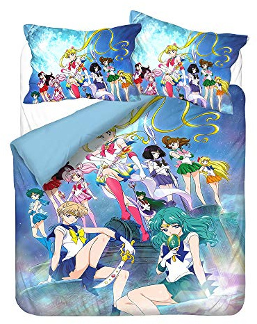 Sailor Moon Anime Bettwäsche-Sets Cartoon 3D-gedrucktes Polyestergewebe 1 Bettbezug + 1/2 Kissenbezüge (keine Bettdecke) Farbe blau