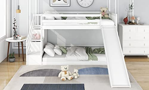 Aimopt White Bunk Bed with Slide, Low Bunk Beds Twin Over Twin with 2 Storage Drawers, Wood Bunk Bed with Stairs, Guardrail for Girls Boys, Solid Pine Wood Frame