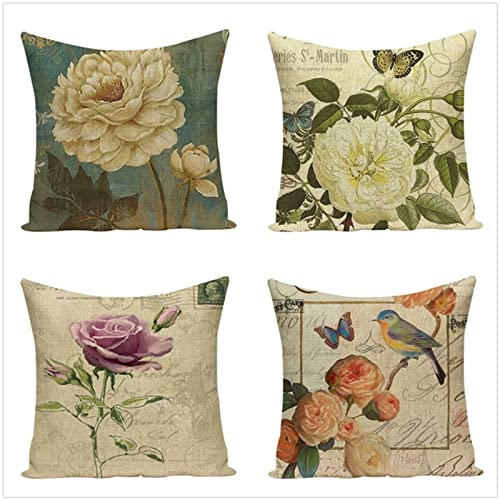 Tinnoon Kissenbezug 30x30cm 4er SetBoho Wohnzimmer Outdoor Deko, Schlafzimmer Zimmer Dekor Kissenhülle Kissenbezüge mit Verstecktem Reißverschluss, Couchkissen, Weinachten Blumen-Schmetterlings-Vogel