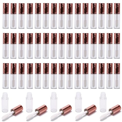 50pcs 1.2ml Clear Pretty Lip Gloss Tube Empty Lip Balm Bottle Containers with Rubber Inserts for Samples Makeup Travel (rose golden Lid)