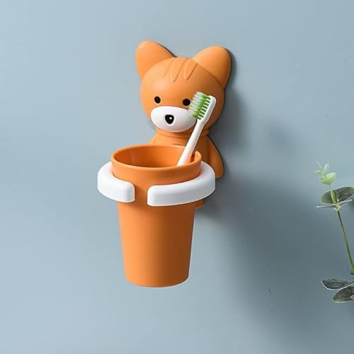 EHOTER Zahnbürstenregal Wandbehang Set Kinder Badezimmer Zahnbürste Zahnpastahalter Mundspülbecher Wandmontage stanzfrei Cartoon Bär Fuchs Schwein Zahnbürste Werkzeug Aufbewahrung Organizer (Gelb)