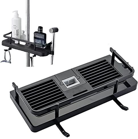 LIBOOI Bathroom Organiser, No Drilling Shower Holders Storage for Soap, Shampoo, Hanging with Buckle, Shower Head Hook Suit Rail, Black Square Hole