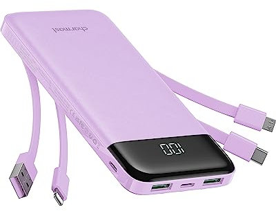 Charmast Power Bank with Built in Cables,10000mAh USB C Battery pack 6 Outputs 3 Inputs with LED Display Type C Powerbank Portable Charger Compatible with Smartphones Tablets and More(Purple)