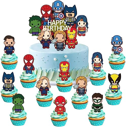 13 Pieces Superhero Cake Decoration, Muffin Decoration, Birthday Cupcake Toppers Set, Cupcake Toppers Decoration, Superhero Figures, Cake Decoration, Birthday Decoration for Girls, Boys, Children