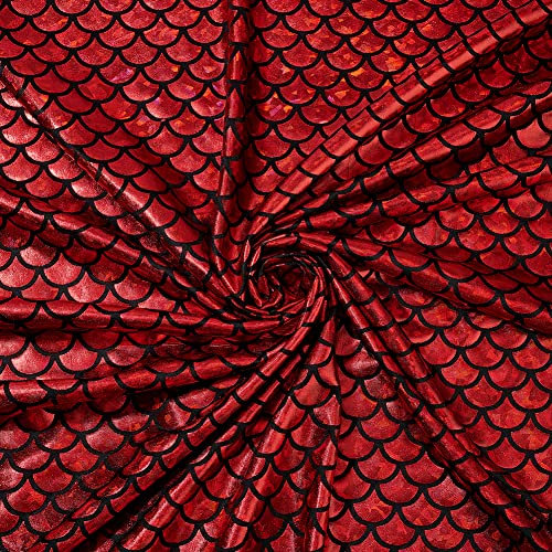FINGERINSPIRE Stoff Mit Meerjungfrauenschuppen 100x150 cm Schillernde Rote Farbe Glitzernder Hologramm Spandex Stoff 2 Wege Stretch Stoff Glitzer Meerjungfrau Bedruckter Fischschuppen Stoff Dekor