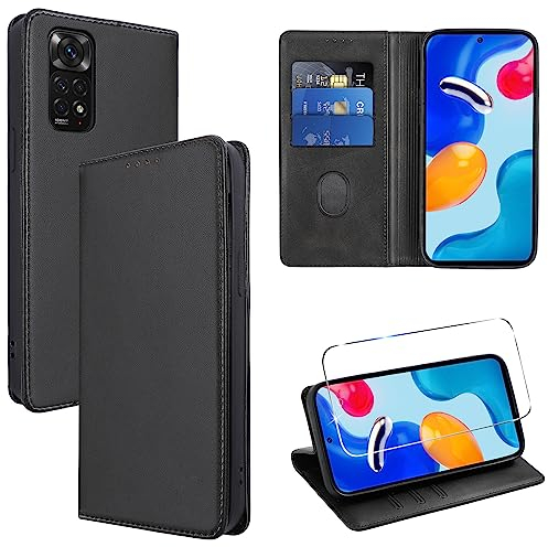 Vauki Hülle Leder für Xiaomi Redmi Note 11/Note 11S 4G Handyhülle mit 1 Schutzfolie, Standfunktion Kartenfach Wallet Schutzhülle Flip Case Cover Stoßfeste Klapphülle für Redmi Note 11 6.43,Schwarz