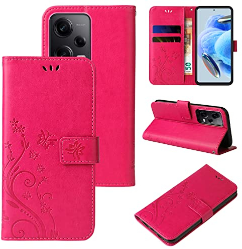 LBH Handy Hülle für Xiaomi Redmi Note 12 Pro 5G Case Handytasche Schmetterling Blumen Flower Standfunktion Schutzhülle Magnet Rundum Schutz 360 Grad Flipcase Cover Pink