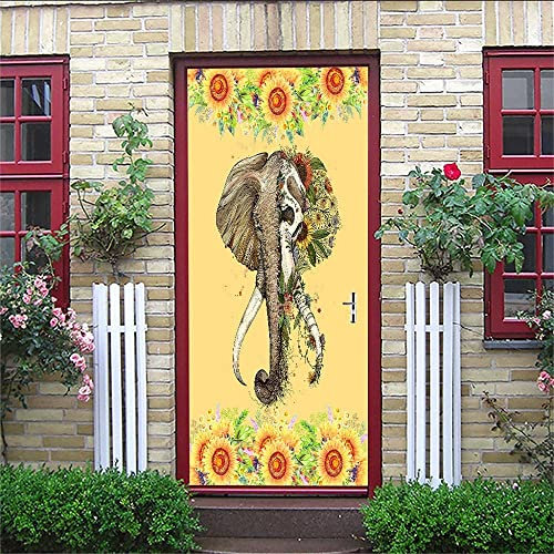3D Türtapete Selbstklebend 90 X 200 Cm Tierblume Elefant Diy Wandbild Pvc Wasserdicht Pvc Türtattoos Türposter Türaufkleber Fototapete Türfolie Für Tür,Wohnzimmer,Schlafzimmer,Küche Toilette