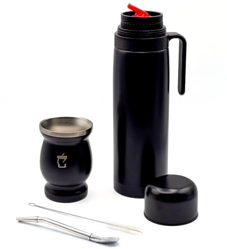 BARGRIN – Kit con Mate, Termo y Bombilla de Acero Inoxidable - incluye vaso térmico con doble pared - libre de BPA (Negro)