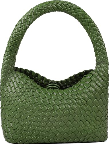 NOBLIFE Gewebte Tasche für Damen, kleine vegane Leder Sommer Strand Geldbörse und Reisehandtaschen Damen Retro Chic Schultertaschen, Grasgrün, Small