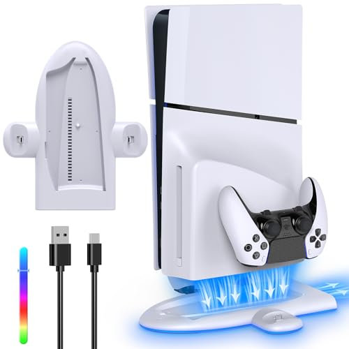 FASTSNAIL Soporte con ventilador para PS5 Slim Console, controlador LED de 9 GB, estación de carga para DualSense/Edge, soporte de soporte, accesorio compatible con Playstation5 Slim Digital/Disc