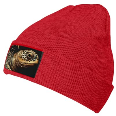 Strickmütze mit Meeresschildkrötenmuster, für Herren und Damen, lässige Strickmütze, Winterstrickmütze, weiche Mütze, Schwarz und Gold, rot, One size