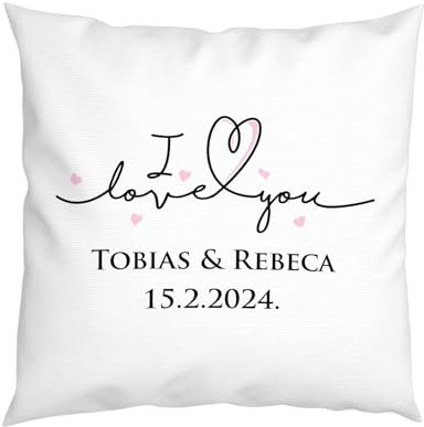 Liebtastisch - I Love You mit Datum und Wunschnamen - Ich Liebe Dich - Valentinstag - Liebeserklärung - Geschenk zum Jahrestag - pärchenkissen - 40cm x 40cm
