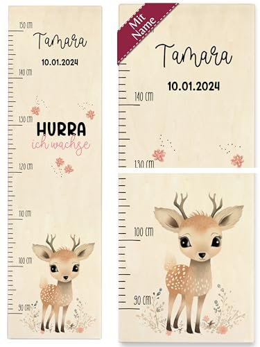 Messlatte Kind Holz - Hurra ich wachse Reh mit Name und Datum Kindermesslatte I Babymesslatte Jungen Mädchen - 90-150 cm - Holz - kinder personalisierte tier grössenmesser tiere messlatten für
