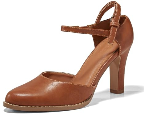 Coutgo Womens Chunky High Heels Closed Pointed Toe Ankle Strap Pumps Vintage D'Orsay Dress Party Shoes, Brown, Size 9