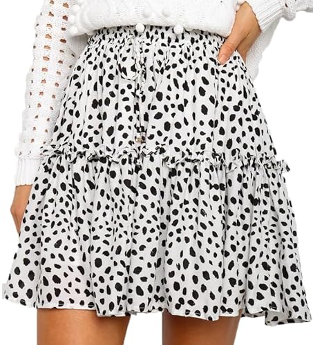 BSLVWG Damen Mode Elastische Taille ausgestellter kurzer Rock Floral Print Plissee Mini Skater Rock mit Kordelzug (DE/NL/SE/PL, Alphanumerisch, XL, Große Größen, Regular, Weißer Leopard)