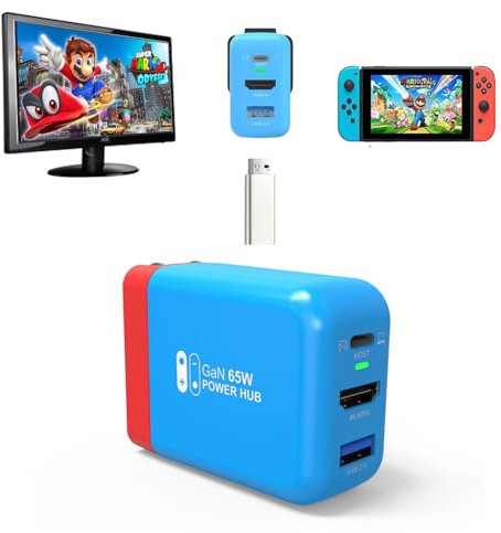 65w Switch Dock para Switch, Puerto de Carga rápida, Mini portátil TV Dock con 4K@60Hz HDMI, USB C,USB 2.0 Port Charger Adaptador para Switch/Tipo C PC portátil/Teléfono Rojo + Azul