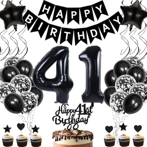 Anlgdi Geburtstagsdeko 41 Jahre Mann Frau, Luftballons 41. Geburtstag Dekoration, Schwarz Tortendeko Geburtstags 41 Jahre Frauen, Folienballon Zahl 41 Schwarz, Deko 41. Geburtstag Männer