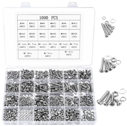 1000 Pz M3 M4 M5 Kit Bulloni e Dadi e Rondelle, Set di Viti Bulloni e Dadi a Testa Cilindrica a Croce, Vite a Testa Bottone Croce, Kit di Bulloni Viti a Testa a Croce in Acciaio Inossidabile