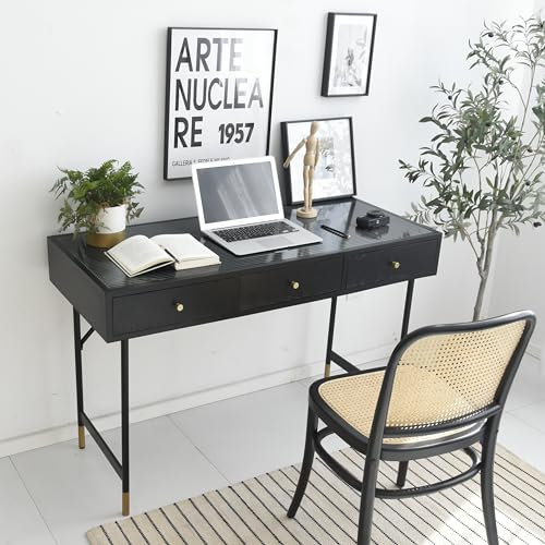 Zouron Bureaux,Table de Lecture (Plateau en Verre trempé),Table Basse,Bureau d'ordinateur avec 3 tiroirs pour Bureau à Domicile, Espace de Travail (Noir, 120.5x55.5x75.5cm)