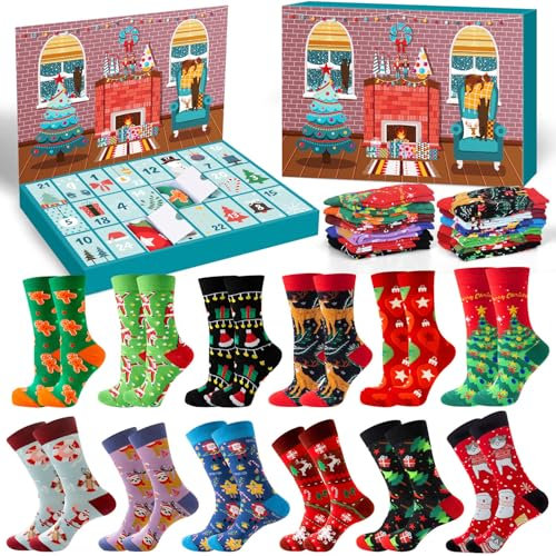 iZoeL Socken Adventskalender 12 Weihnachtssocken für Männer Frauen Sockenkalender 2024 Erwachsene Socken Füllung für Weihnachtskalender für Teenager Jungen Mädchen