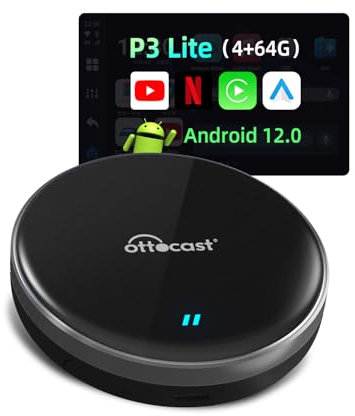 OTTOCAST P3 Lite CarPlay AI Box - 2025 Android 12.0 CarPlay Video Adapter Wireless CarPlay Android Auto Dongle 4+64G, OttoDrive 2.0 User UI, Support Slipt Screen Streaming Videos to Your Car