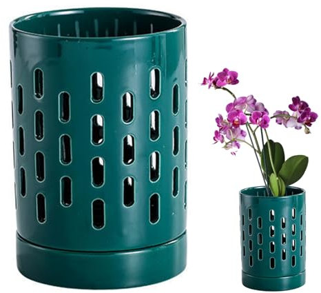 AOpghY Vasi per Orchidee con Fori Vaso per Orchidee in Ceramica da 4'' con Fori di drenaggio e sottovaso Vaso per Orchidee Traspirante Vaso per Piante Verde Scuro Forniture per Esterni da Giardino