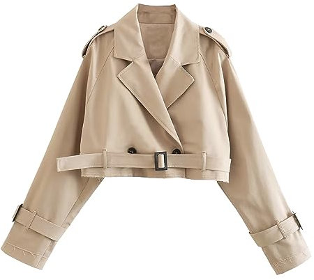 Trenchcoat Kurze Damen Revers Zweireiher Cropped Windjacke Mantel Klassische Einfarbig Frühling Jacke Winddichter Übergangsmantel Jacke Casual Langarm Zweireiher Kurz Trenchcoat mit Gürtel