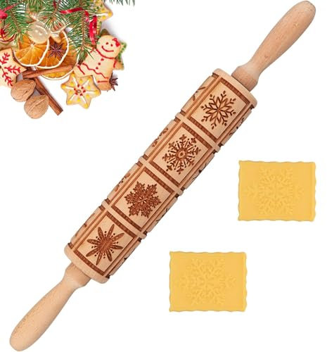 SSyang Teigroller, Nudelholz, Muster Prägerolle Holz Weihnachten Präge, 35*4.5 CM 3D Holz Nudelholz Teigroller mit Weihnachten Motiv Muster Blumen, für DIY, Weihnachten,Küche,Plätzchen(Schneeflocke)