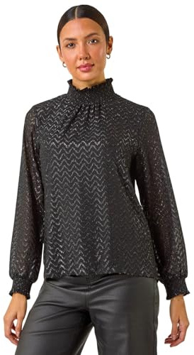 Roman Originals High Neck Chiffon Sequin Stretch Top for Women UK - Ladies Everyday Autumn Winter High Neckline Comfy Soft Evening Vacation Work Party Night Out - Black Shimmer - Size 14