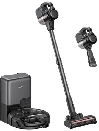 eufy Saugroboter 3-in-1 E20, Kombi-Design Stabstaubsauger, Auto-Entleerung aller Geräte, Max. 30.000Pa, 5-Stufen-Filter, Schnelladung, Präzise Hinderniserkennung, Ideal für Teppiche, Spalten & Treppen
