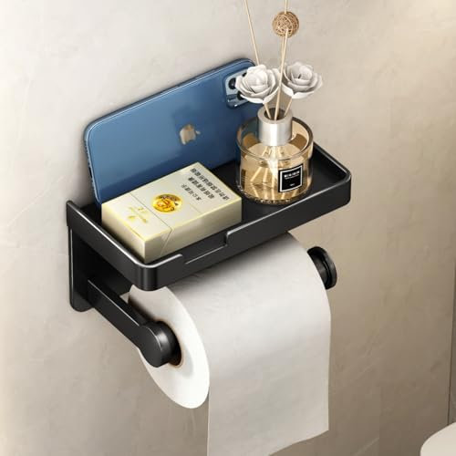 VOLDRA Toilettenpapierhalter Ohne Bohren mit Ablage, Selbstklebend Oder Schraubbar Klopapierhalter, Rostfrei & Multifunktional Badezimmer Klorollenhalter Wc Papier Halterung(Schwarz)