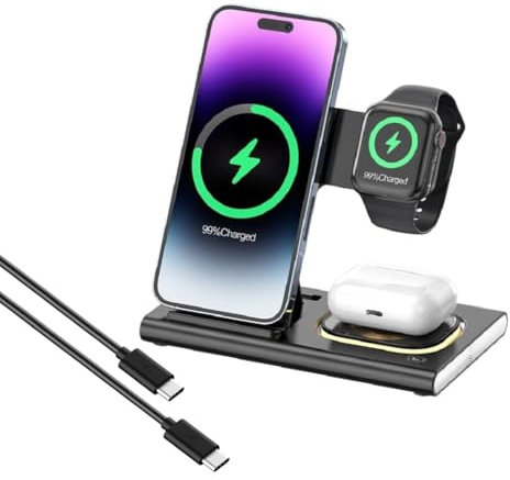 4 en 1 Chargeur Induction für Apple, Chargeur sans Fil Pour Mag-Safe, Station de Charge Pliable, Faltbar Kabelloses Charger für iPhone 17 Pro Max/16e/15 Plus/14/13,iWatch 11/10/9/8/7/SE/Ultra,Airpods