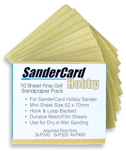 Hobby Sandpaper Pack for SanderCard Hobby Sander. 3 x 240 grit, 3 x 320 grit and 4 x 400 grit, for fine sanding for model making, paper crafts and 3D prints. Sheet Size 62 x 70mm. 10 Sheets.